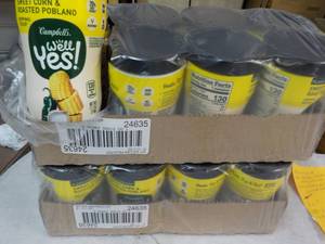 lot 104 image: 16 ct 11.1 oz Campbells Well Yes Sweet Corn and Roasted Robland Sipping Soup best date 08172023