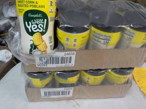 lot 105 image: 16 ct 11.1 oz Campbells Well Yes Sweet Corn and Roasted Robland Sipping Soup best date 08172023