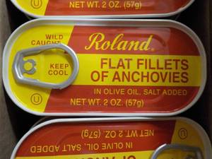 lot 345 image: 50 -2 oz Tins Roland Flat Fillets of Anchovies best date 082023