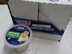 lot 449 image: F Kraft Shredded Parmesan Cheese 4 - 5 oz Frozen Tubs Best By 06132023
