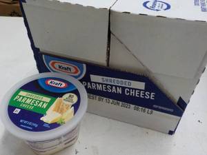 lot 452 image: F Kraft Shredded Parmesan Cheese 4 - 5 oz Frozen Tubs Best By 06132023