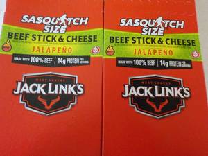 lot 536 image: 2 boxes Jack Links Sasquatch Size Beef Stick and Cheese with Jalapeno Snacks - 12 in each box