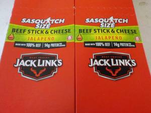 lot 537 image: 2 boxes Jack Links Sasquatch Size Beef Stick and Cheese with Jalapeno Snacks - 12 in each box