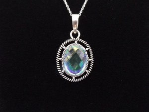 .925 Sterling Silver Faceted Blue, Gold, and Purple Crystal Pendant Necklace