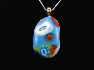 .925 Sterling Silver Muti Colored Murano Millefiori Pendant Necklace