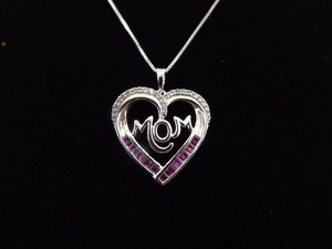 .925 Sterling Silver Pink Sapphire Crystal MOM Heart Pendant Necklace