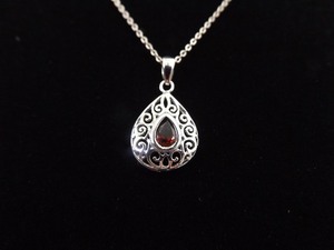 .925 Sterling Silver Pear Cut Garnet Scrolled Pendant Necklace