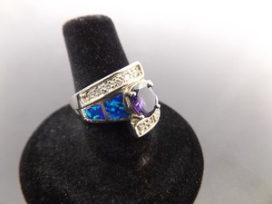 .925 Sterling Silver Inlayed Opal Amethyst Crystal Ring Size 7.25