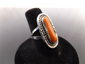 .925 Sterling Silver Red Coral Cabochon Ring Size 6.75