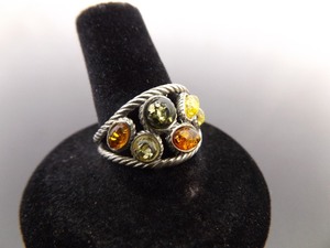 .925 Sterling Silver Muti Color Amber Cabochon Ring Size 8