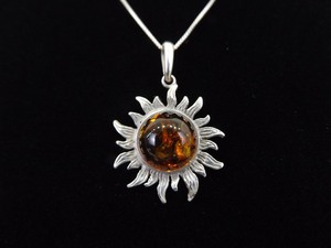 .925 Sterling Silver Amber Cabochon Sun Pendant Necklace