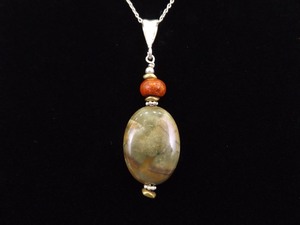 .925 Sterling Silver Jasper Cabochon Pendant Necklace