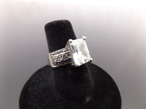 .925 Sterling Silver Art Nouveau Emerald Cut Zirconia Ring Size 5.75