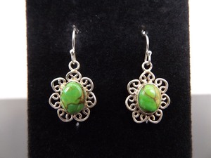 .925 Sterling Silver Green Turquoise Cabochon Hook Earrings
