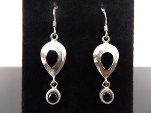 .925 Sterling Silver Inlayed Onyx Hook Earrings