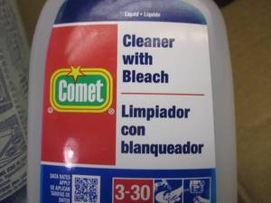 lot 96 image: (LL) 3 Gallons of Comet Cleaner with Bleach with Spray Bottle - One Leaked Some and Removed Print Off Bottles