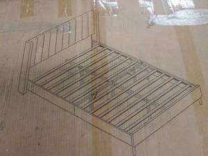 lot 177 image: (PLT3) Upholstered Queen Platform Bed Frame and Headboard in Beige