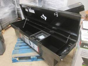 lot 205 image: (PLT5) Husky 71 Aluminum Saddle Truck Box 9.9 Cu Ft Black Diamond Plate Design - Includes Hardware and Keys - Minor Dings and Scuffing
