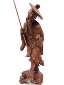 lot 219 image: Old Chinese Carved Wood Standing Smiling Figure wStick
