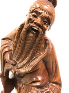 lot 218 image: Old Chinese Carved Wood Standing Smiling Figure