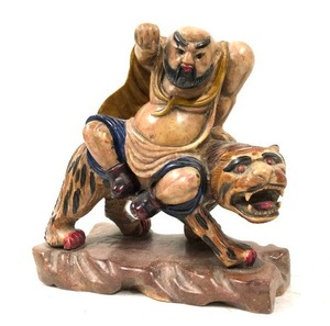 lot 215 image: Exceptional Carved Stone Arhat Pindola Taming Tiger Figure