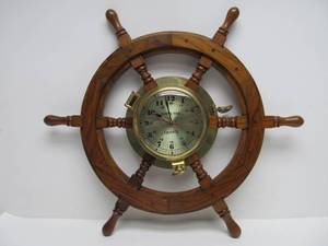 lot 52 image: Vintage Brass & Wood Ships Wheel Wall Clock