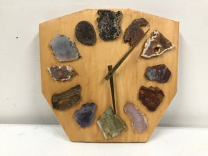lot 315 image: Vintage Wooden Wall Clock wSlabs of Semi-Precious Gemstones