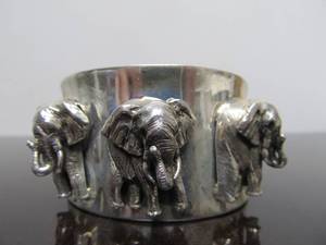 lot 95 image: Large Heavy Thick Sterling Silver Cuff Bracelet wElephants