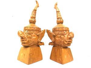 lot 212 image: Pair of Old Carved Wood Thai Guardian Bust Figures