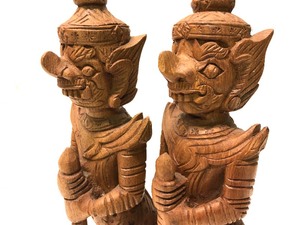 lot 213 image: Pair of Old Carved Wood Thai Guardian Standing Figures