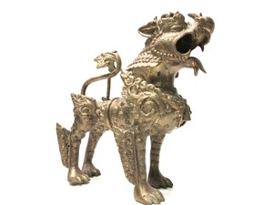 lot 254 image: Large Antique Solid Brass Chinese Foo Dog Lion Kylin Statue