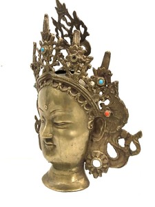 lot 282 image: Large Old Gilt Bronze Goddess Tara Head Bust wCrown 