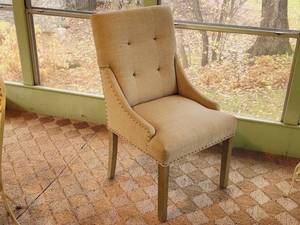 lot 25 image: Upholstered Contemporary Brass Tack Chair
