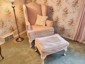 lot 77 image: Vintage Velvet Wingback Armchair & Ottoman