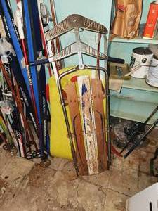 lot 31 image: Vintage X-Country Skis, Downhill Skis & Sled