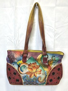 lot 6 image: Anuschka Henna Butterfly Hand Painted Two Section Leather Bag (16 Long x 9 Tall)