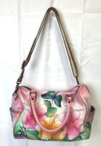 lot 12 image: Anuschka Hand Painted Leather Satchel Handbag Floral Butterflies (13 Long x 9 Tall)