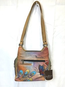 lot 13 image: New Anuschka Leather Peacock Butterfly Triple Compartment Satchel Handbag with Original Tags (10 Long x 9 Tall)