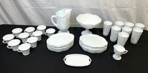 lot 40 image: 34-Piece Vintage Milk Glass Collection with Grape Vine Theme
