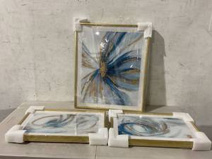 lot 397 image: 3-Piece Abstract Blue & Gold Flower Wall Art Set