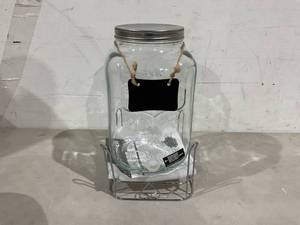 lot 436 image: Ilyapa 2 Gallon Glass Beverage Dispenser with Sturdy Metal Base & Stainless Steel Spigot