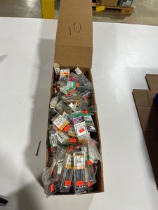 BOX FULL OF SCREW EYES, CORNICE HOOKS, EYE BOLTS, COTTER PINS, WIRE BRADS, AND SCREW HOOKS