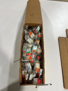 BOX FULL OF SCREW EYES, CORNICE HOOKS, EYE BOLTS, COTTER PINS, WIRE BRADS, AND SCREW HOOKS