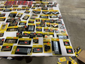 ASSORTMENT OF 150 HINGES, TEE PLATES, CORNERS, MENDING PLATES, CAFE DOOR PIVOT, & HINGE PINS