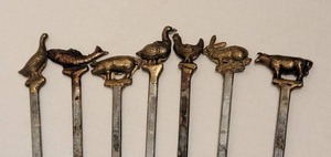 Adorable Greek Antique Metal Skewers - Brass Animal Toppers