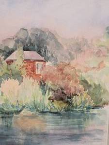 Dreamy Fine Art Watercolor Print - Red Cabin by the Lake