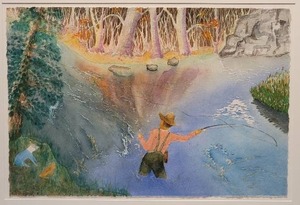 Idyllic Original Fine Art Watercolor Painting on Art Paper - L. C. Proshek - Fly Fishing - 1994