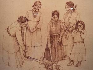 Local Fine Art Signed Charcoal Print - Jeanne Weber Dentzel - Indigenous Women at the Morning Coals - 3222