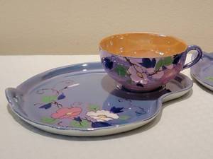 Enchanting Japanese Handmade Lotus Cup & Saucer Set - Lavender Lilies