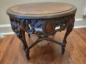 Stunning Antique Handcarved Mahogany Inlaid Accent Table